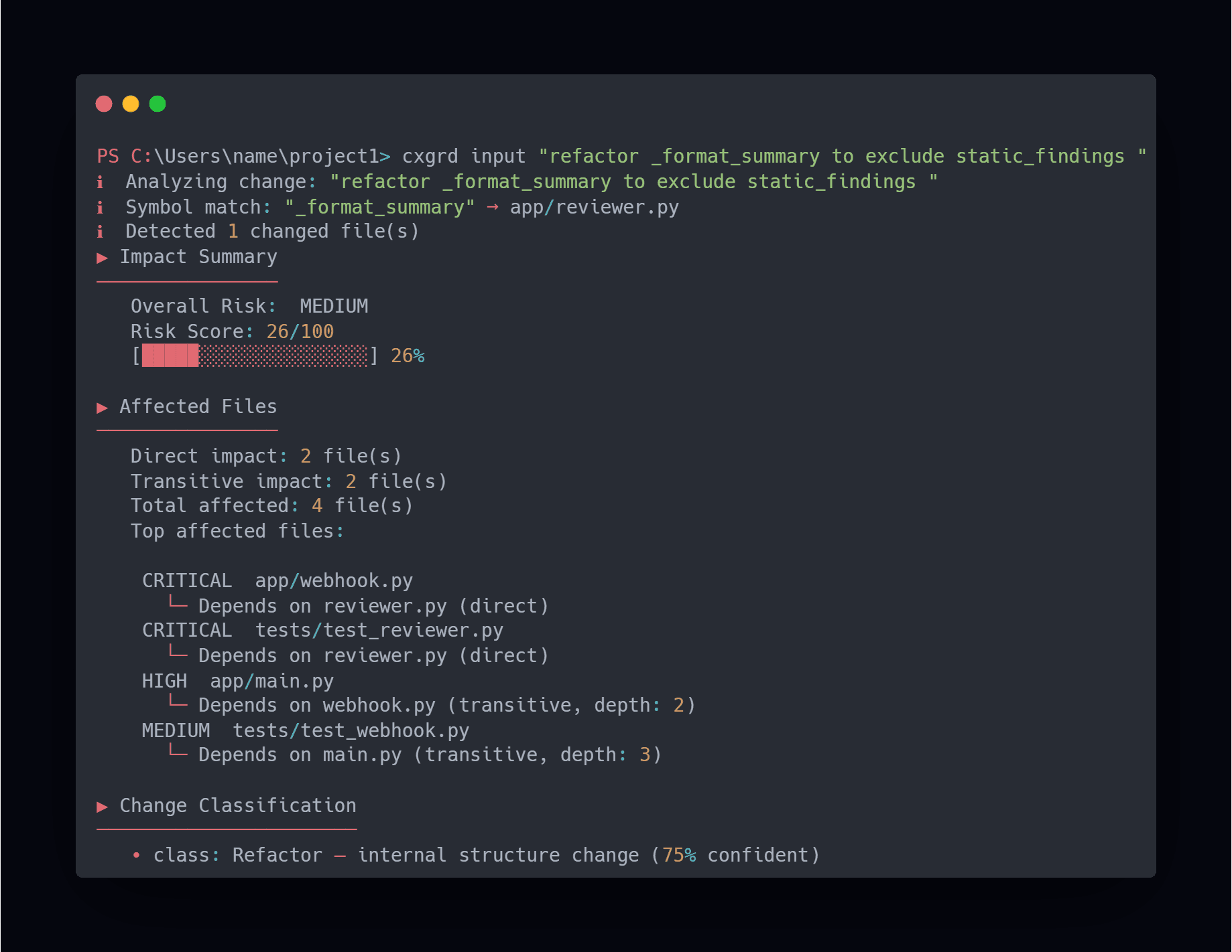 CXGRD input CLI output showing impacted files and blast radius analysis
